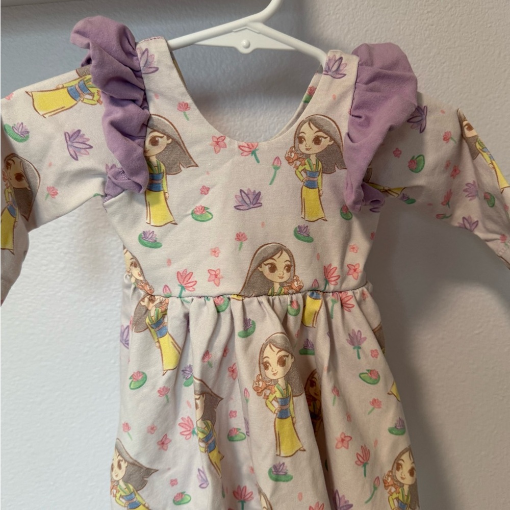 Purple Ruffle Long Sleeve Dress with Disney Mulan Print